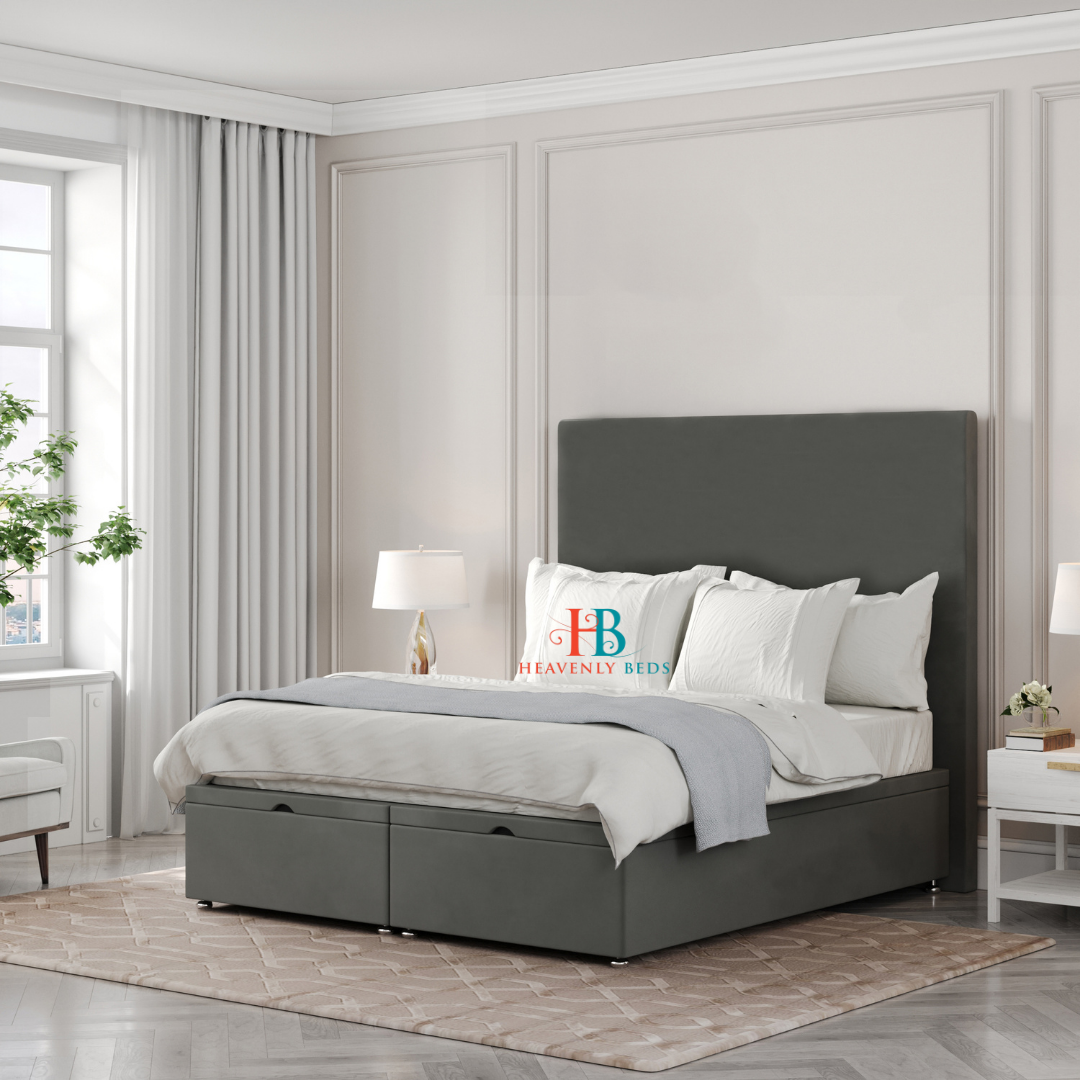 Ottoman Storage Bed Frame in grey plush velvet