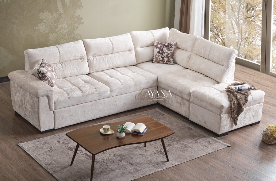 Omera Right/Left Corner Sofa Bed With Storage Stool Cream