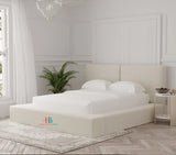Beige upholstered bed in super king size with cream fabric made by heavenlybeds
