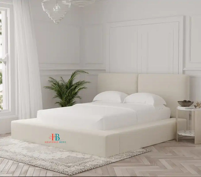 Beige upholstered bed in super king size with cream fabric made by heavenlybeds