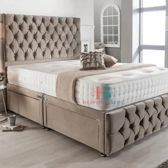 April Mink Velvet Divan Bed - 5ft Kingsize Drawers + Free Headboard