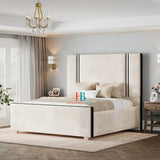 Back border upholstered bed frame in cream plush made by Heavenlybeds