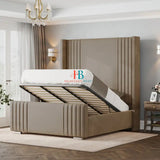 Wingback Bed Frame with metal gas lift storage in mink plush velvet made by Heavenlybeds