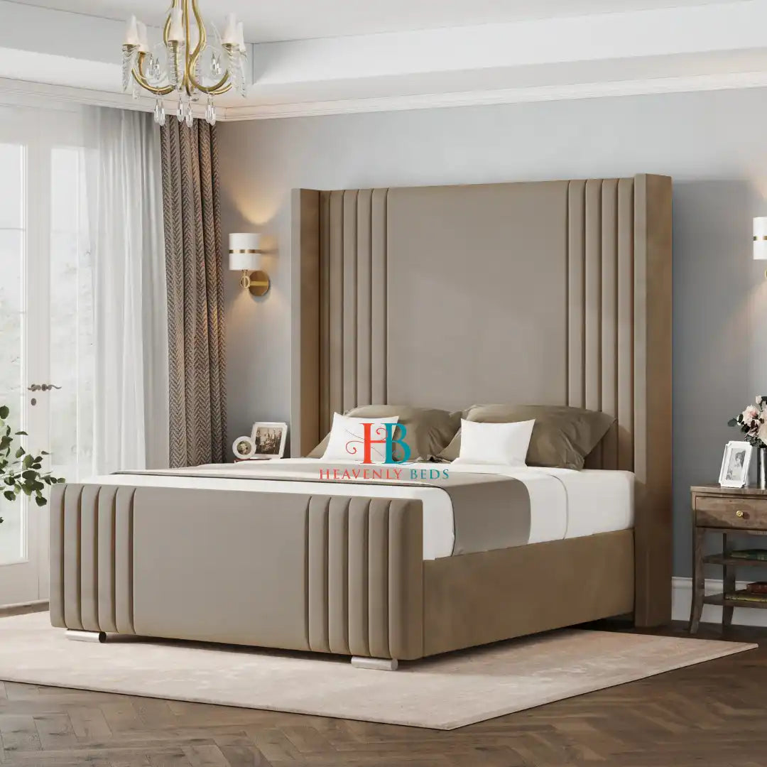 Wingback bed frame with tall headboard made by Heavenlybeds