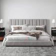 low base grey bed with panel headboard