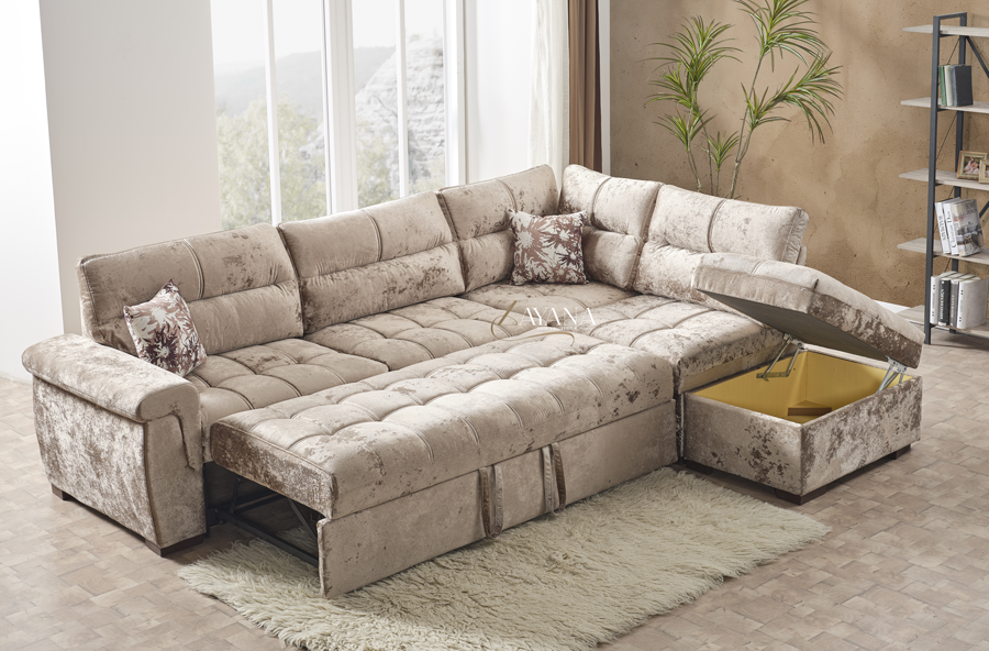 Rihana Right/Left Corner Sofa Bed With Storage Stool Mink