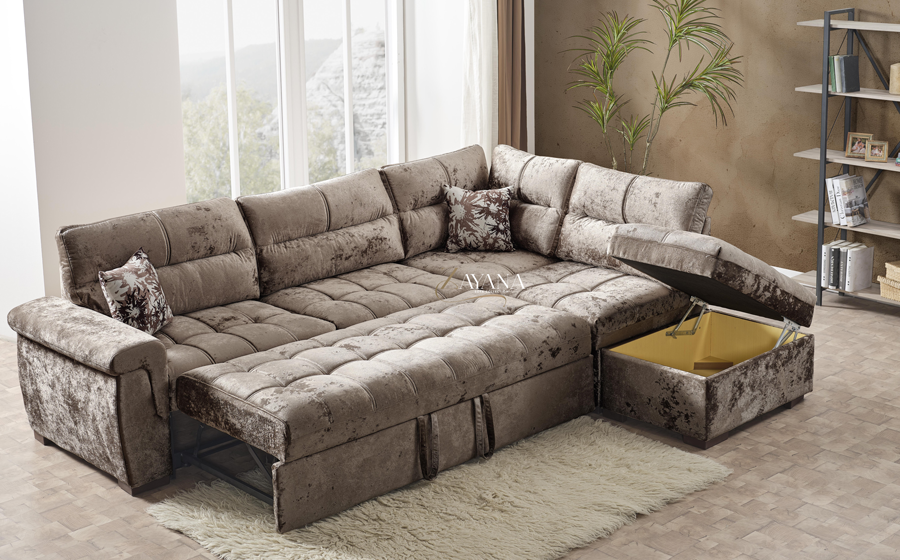 Rihana Right/Left Corner Sofa Bed With Storage Stool Mink