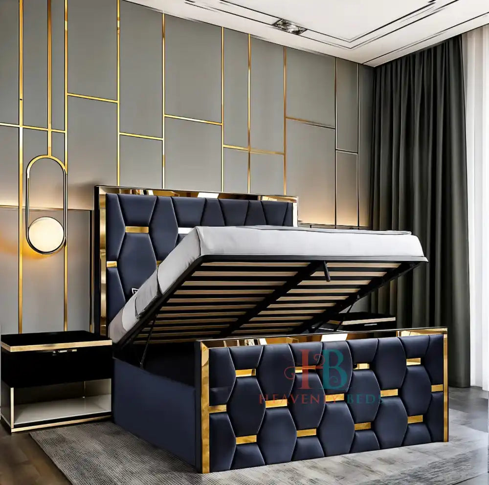 Deluxe Slate Plush Mirror Bed Frame with Gas Lift – Gold Trim Finish