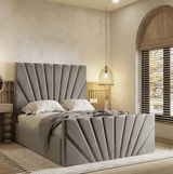  silver plush velvet  bed frame with high footboard in kingsize