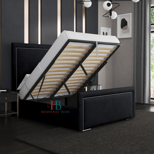 black bed frame with metal gas lift storage
