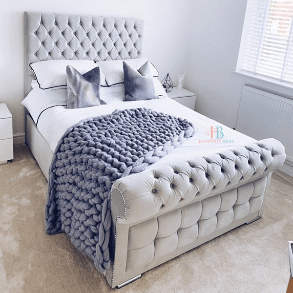 sleigh bed frame in silver plush velvet - double bed