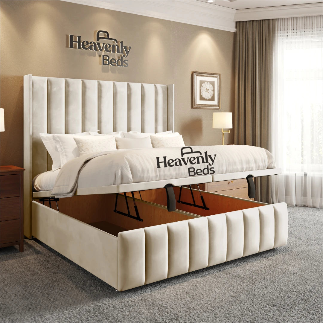 Wingback Divan Ottoman Bed  in Cream Plush Velvet