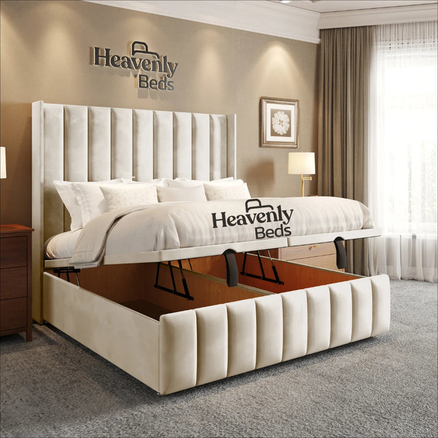 Wingback Divan Ottoman Bed  in Cream Plush Velvet