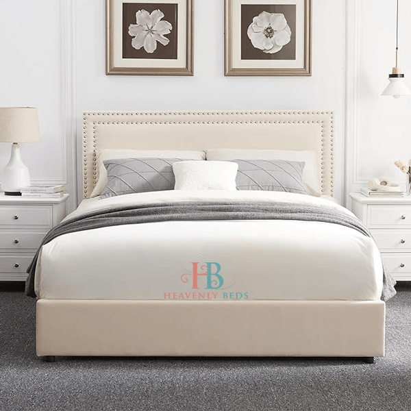 cream studded bed frame with storage in king size