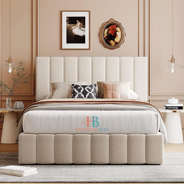 Mabel Slatted Bed Frame - 5FT Kingsize - Teddy Cream Fabric – Heavenlybeds