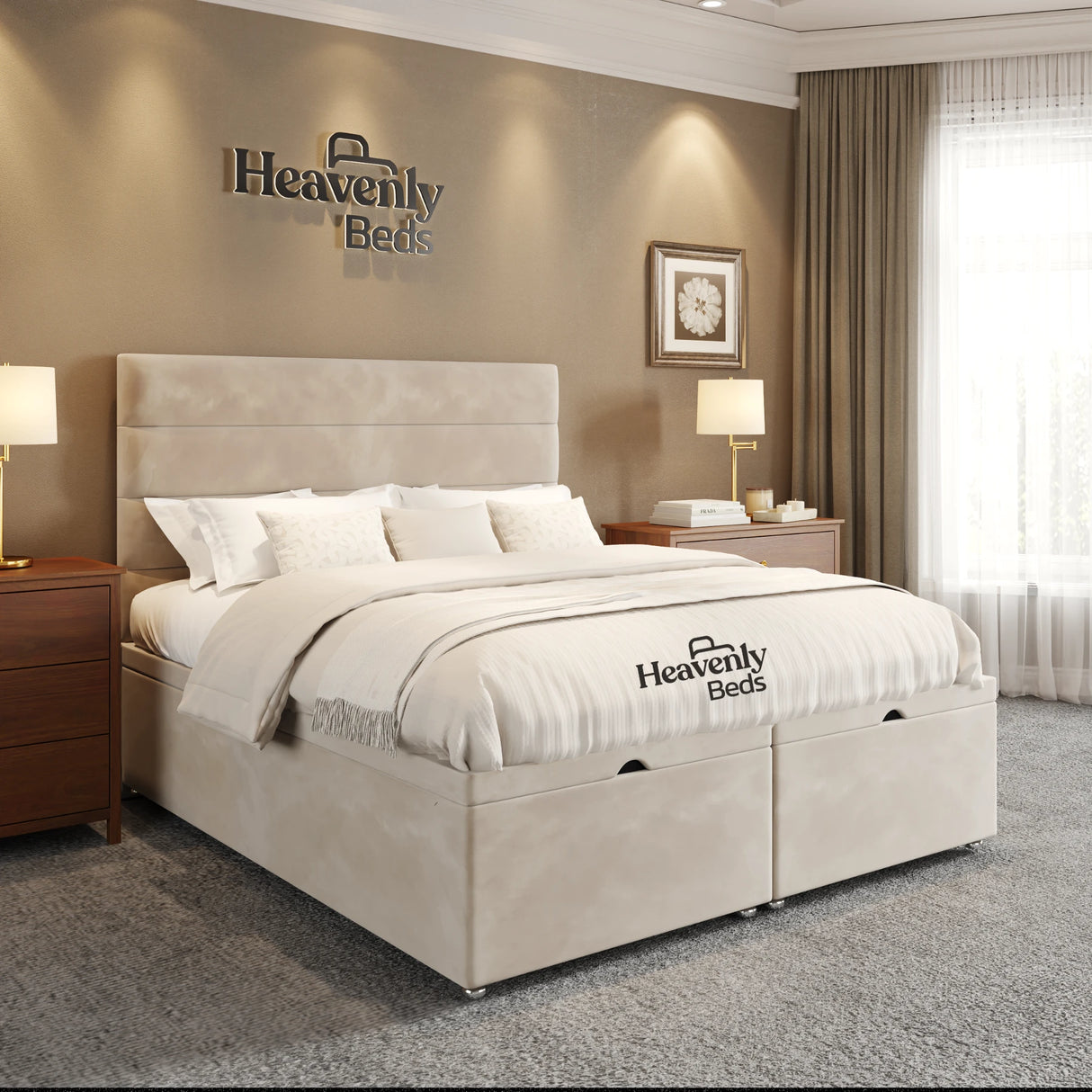 CreamPlushVelvet storage bed frame in king size 