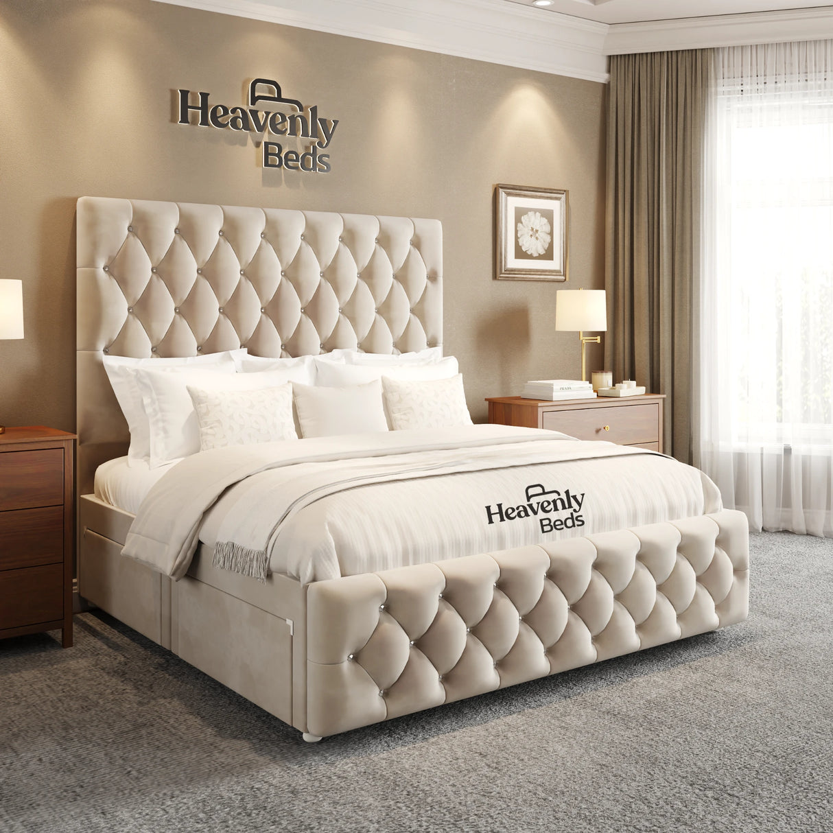 Divan Bed With Drawer Storage - Cream Plush Velvet