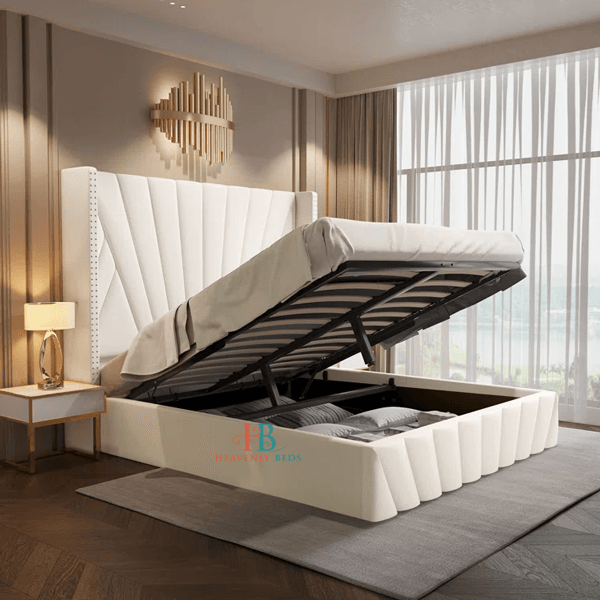 wingback bed in cream plush velvet with storage