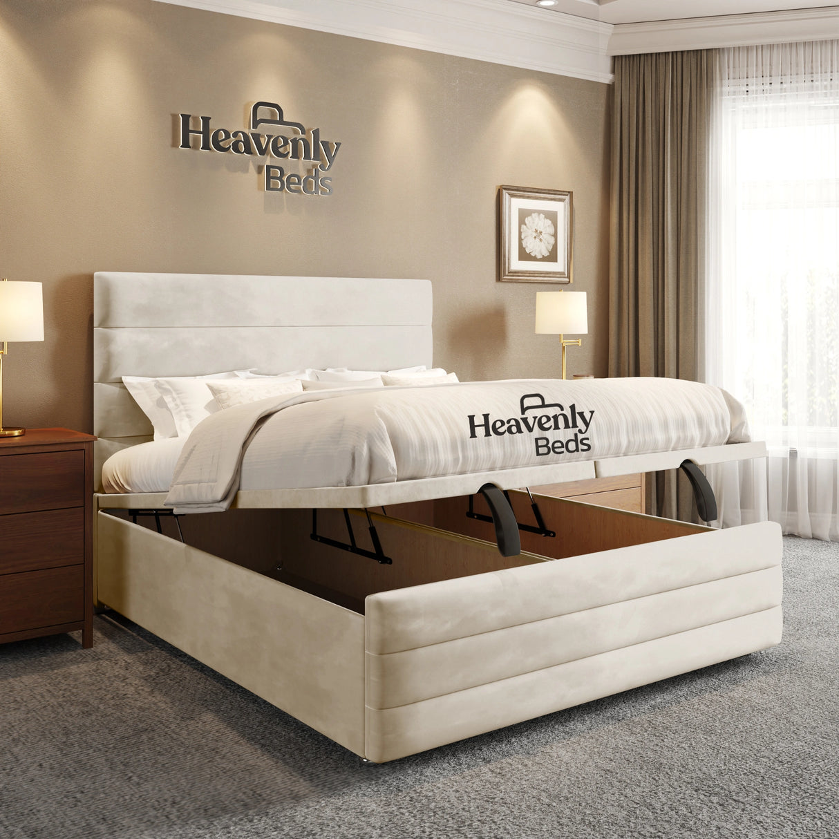 Storage bed with divan ottoman - Cream Plush Velvet